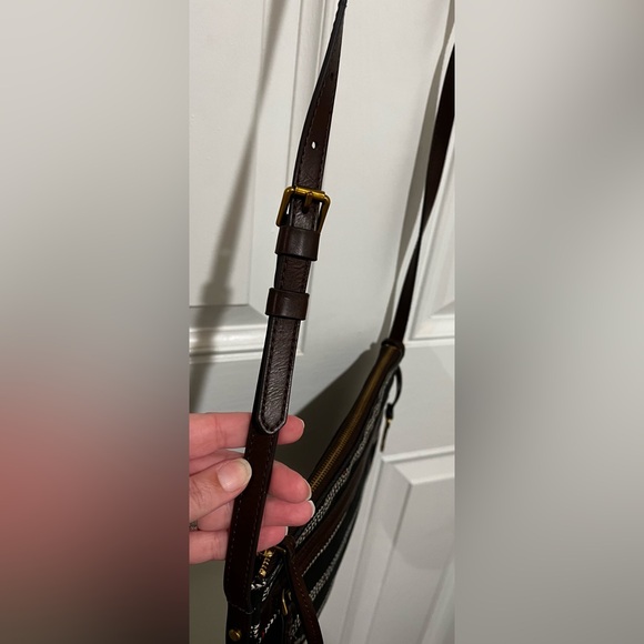 FOSSIL Fiona Crossbody Bag Black White Geometric Pattern Brown Leather Strap - Picture 4 of 15